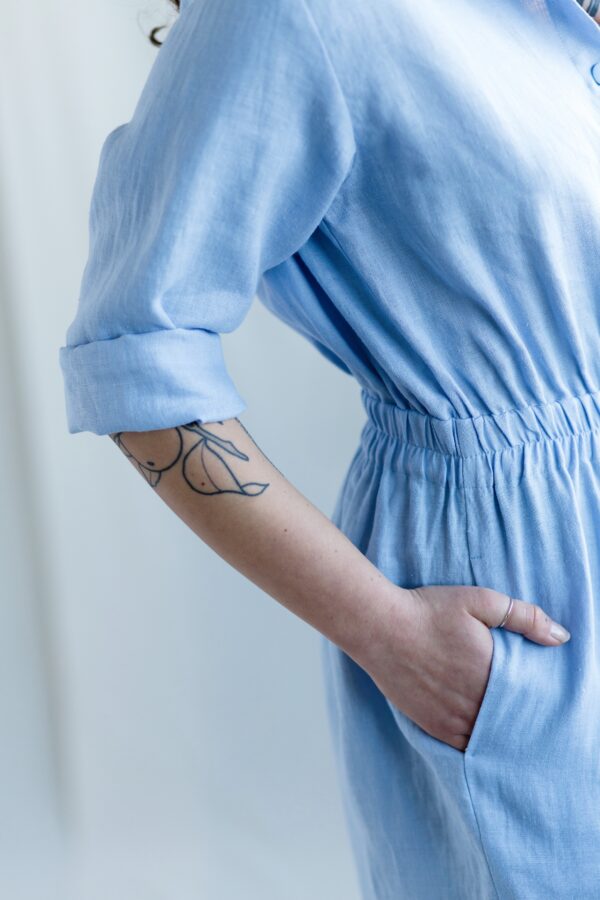 LINEN LONG SLEEVE COVERALL IN SKY BLUE | Jumpsuits | Sustainable clothing | ManInTheStudio