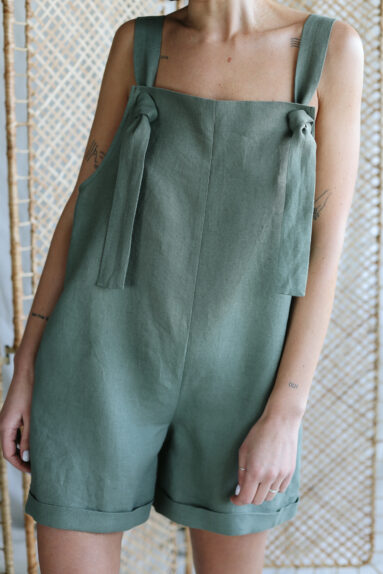 Hunter green linen playsuit with adjustable straps