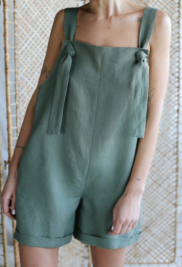 Hunter green linen playsuit with adjustable straps
