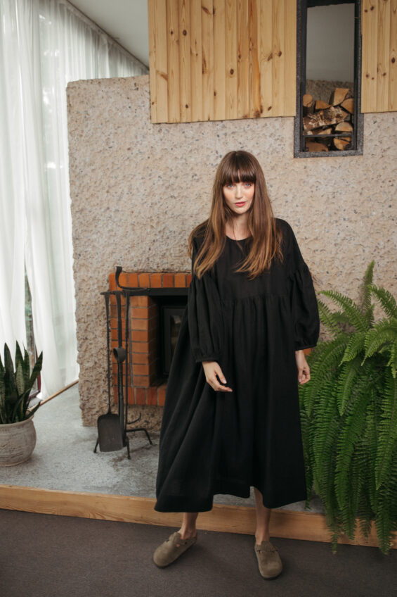 Black linen oversized dropped shoulders dress