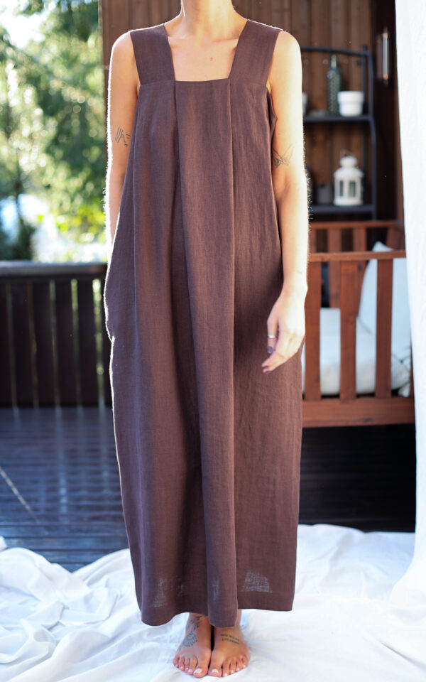 Origami Maxi length linen dress in dark brown - Image 2