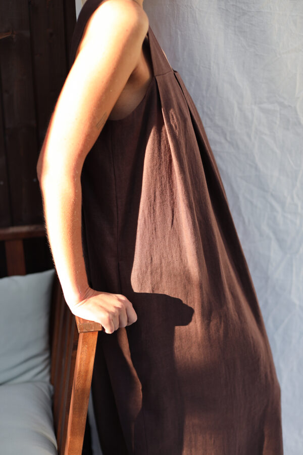 Origami Maxi length linen dress in dark brown - Image 6